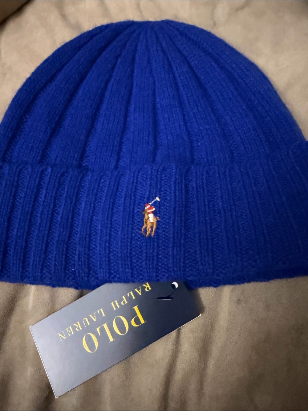 Polo by Ralph Lauren Ribbed Knit Beanie Hat - Bright Blue with Pony Logo